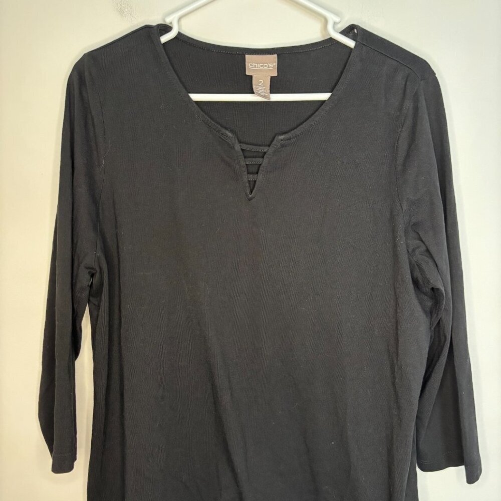 CHICO'S 3/4 Sleeve V-Neck Detail Top Womens L Black Stretch Casual Cotton Modal